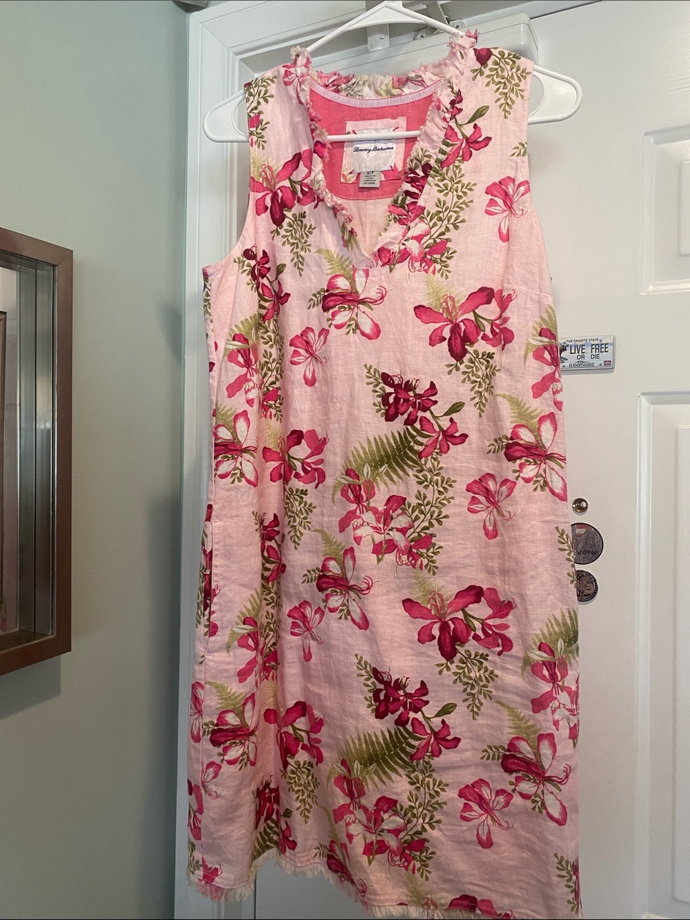 Tommy Bahama Pink Floral Ruffle-Trim Sleeveless Linen Dress